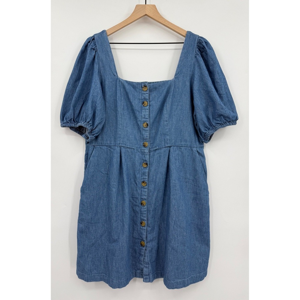Old Navy Dress Womens XL Blue Denim Puff Sleeve Button Front Smocked Back